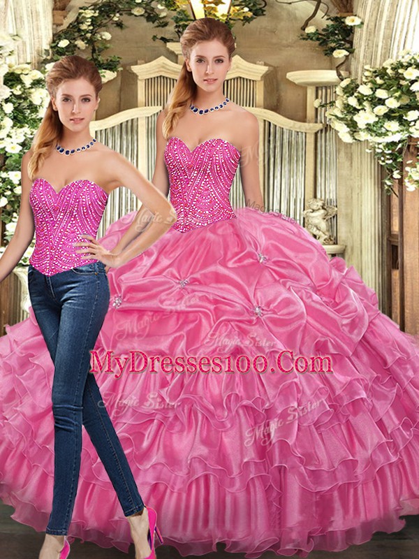 Flirting Rose Pink Organza Lace Up Quinceanera Dresses Sleeveless Floor Length Beading and Ruffles