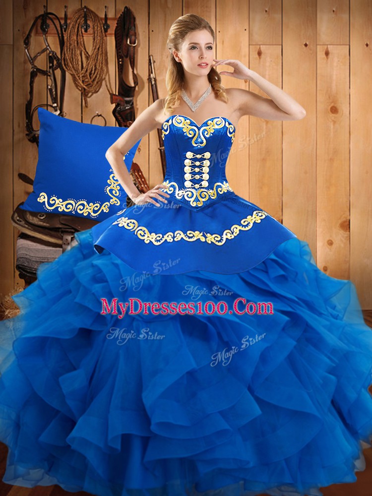 Exquisite Blue Ball Gowns Sweetheart Sleeveless Satin and Organza Floor Length Lace Up Embroidery and Ruffles 15th Birthday Dress
