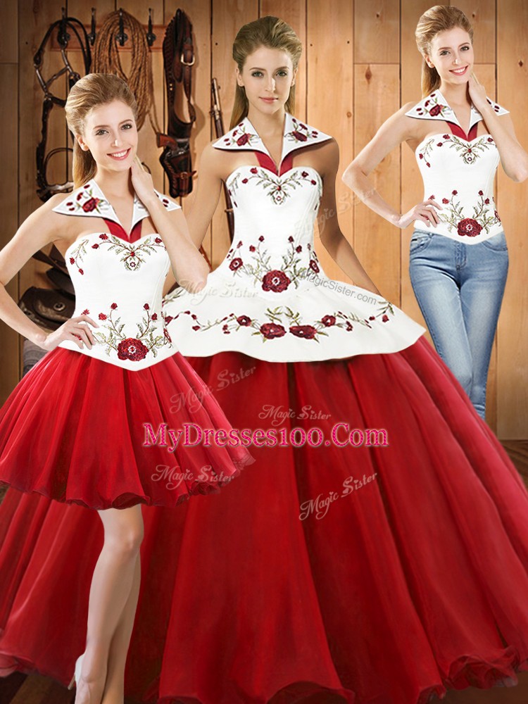Satin and Tulle Halter Top Sleeveless Lace Up Embroidery Quinceanera Gown in Wine Red