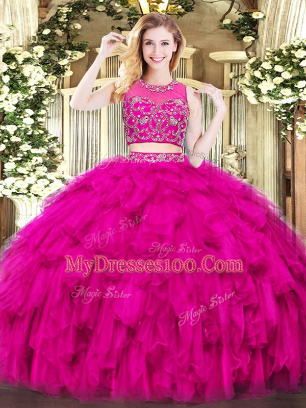 Suitable Fuchsia Quinceanera Gown Military Ball and Sweet 16 and Quinceanera with Beading and Ruffles Scoop Sleeveless Zipper