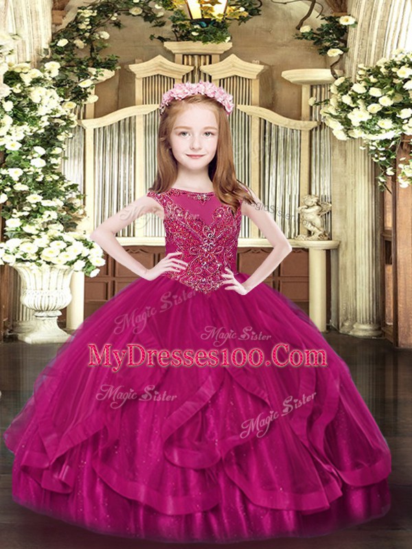 Modern Fuchsia Scoop Zipper Beading and Ruffles Little Girls Pageant Gowns Sleeveless