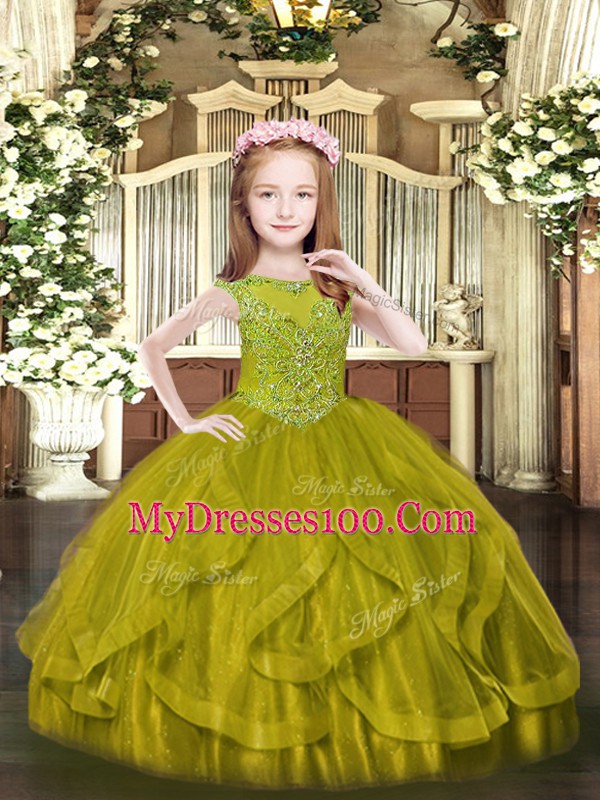 Olive Green Zipper Scoop Beading and Ruffles Pageant Dress Wholesale Tulle Sleeveless