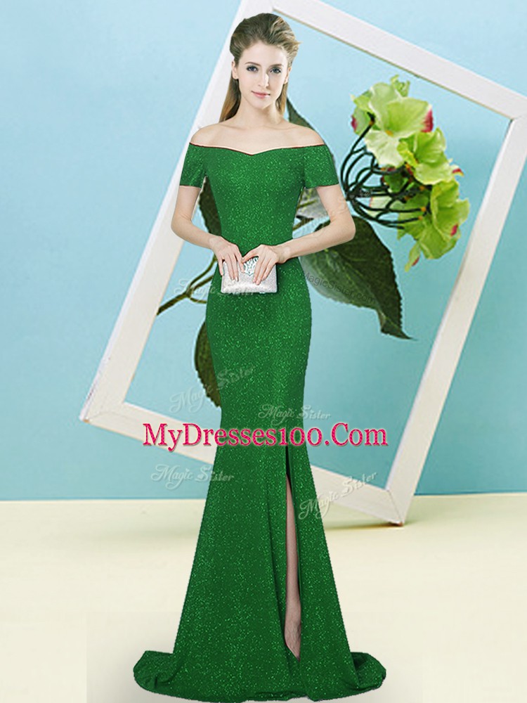 Green Short Sleeves Sequins Zipper Prom Evening Gown