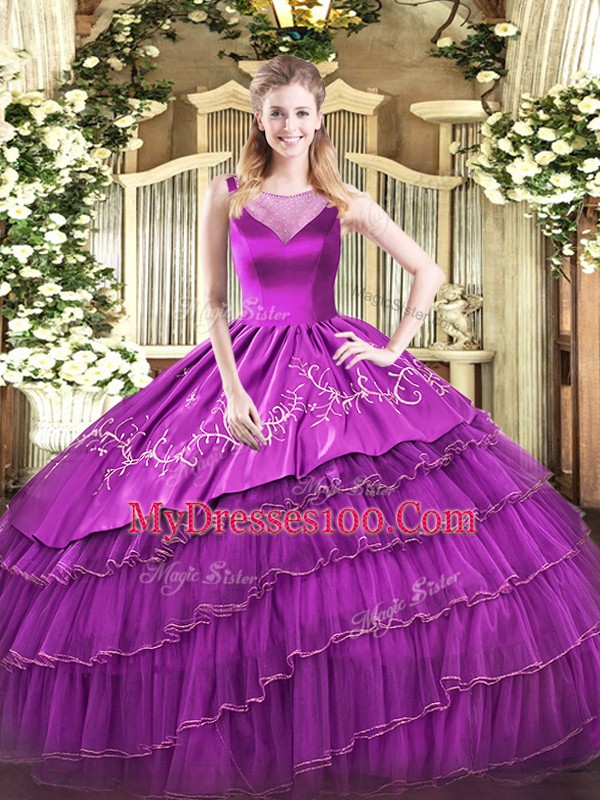 Popular Purple Quince Ball Gowns Sweet 16 with Beading and Embroidery Scoop Sleeveless Side Zipper