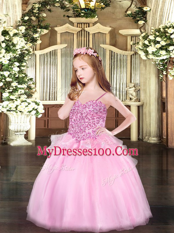 Pink Organza Lace Up Little Girls Pageant Dress Wholesale Sleeveless Floor Length Appliques