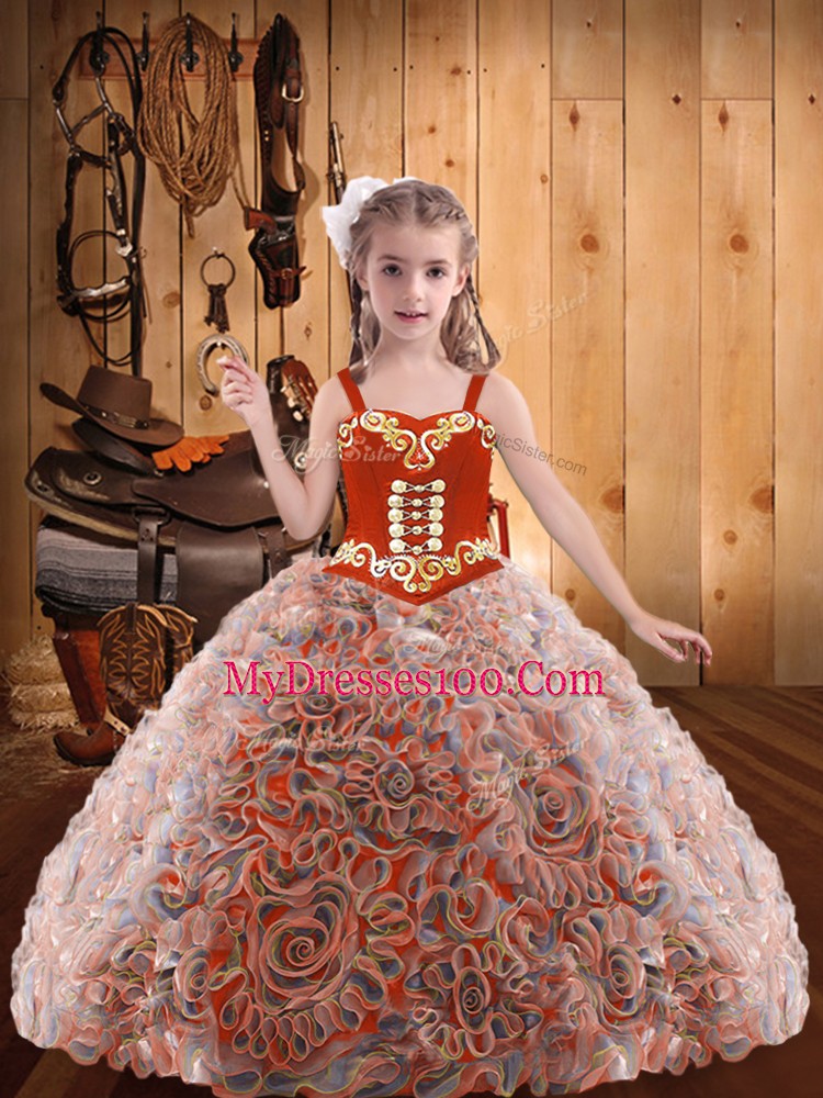 Multi-color Straps Neckline Embroidery and Ruffles Little Girls Pageant Gowns Sleeveless Lace Up