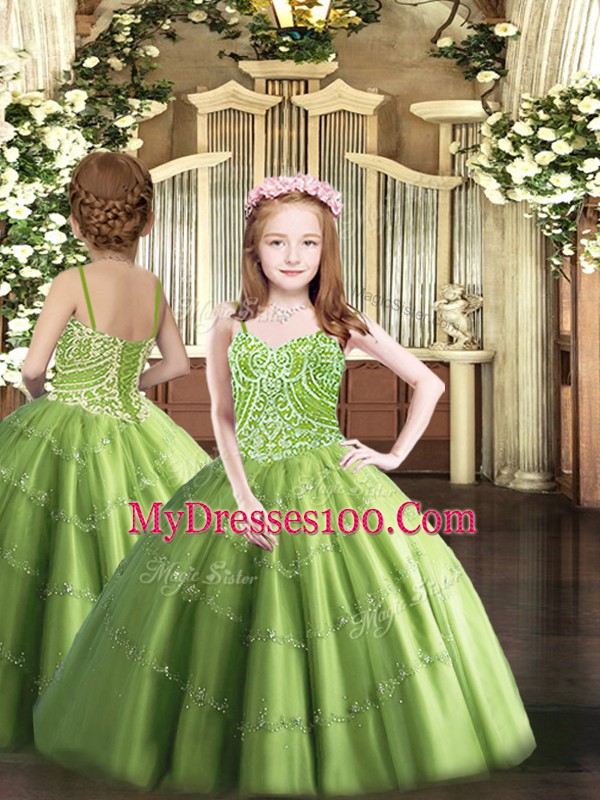 Olive Green Lace Up Sweet 16 Dresses Beading Sleeveless Floor Length