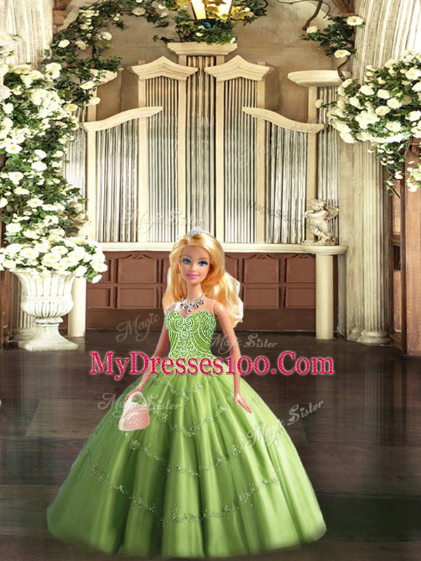 Olive Green Lace Up Sweet 16 Dresses Beading Sleeveless Floor Length