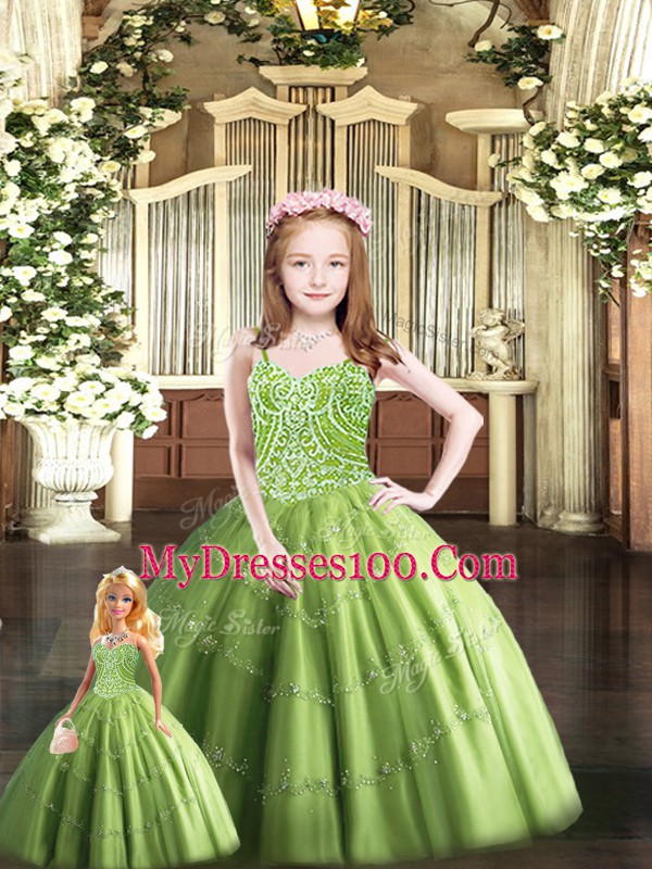 Olive Green Lace Up Sweet 16 Dresses Beading Sleeveless Floor Length