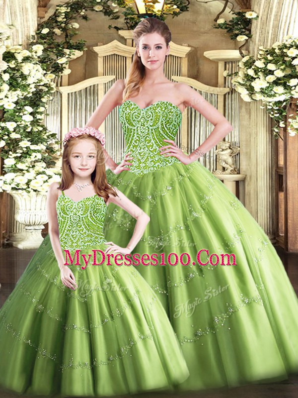 Olive Green Lace Up Sweet 16 Dresses Beading Sleeveless Floor Length