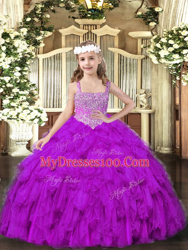 Floor Length Purple Child Pageant Dress Straps Sleeveless Lace Up