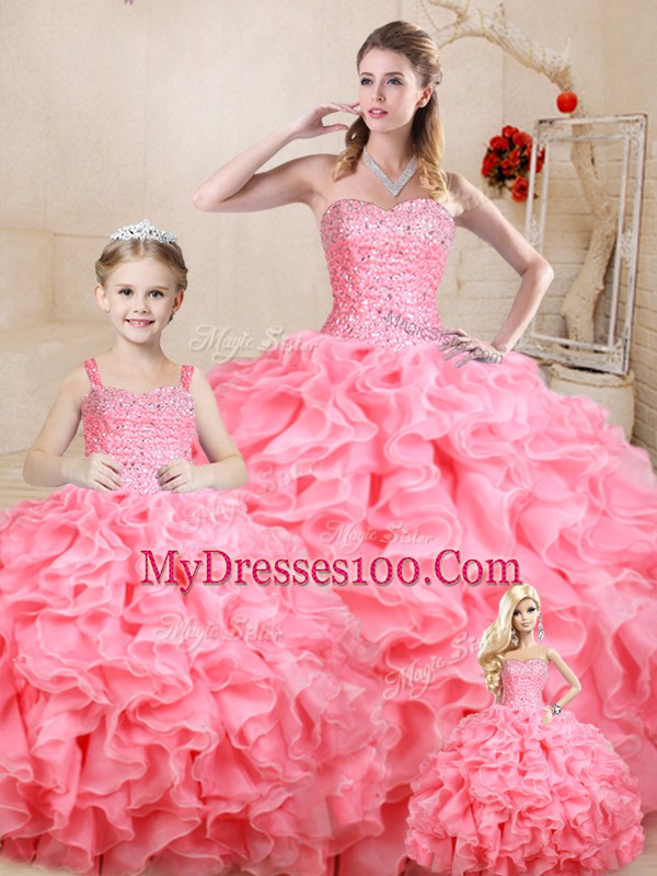 Romantic Organza Sleeveless Floor Length 15 Quinceanera Dress and Beading and Ruffles