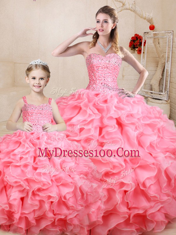 Romantic Organza Sleeveless Floor Length 15 Quinceanera Dress and Beading and Ruffles