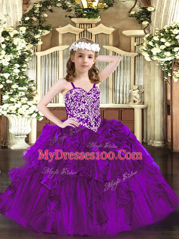 Latest Purple Lace Up Pageant Dress Beading and Ruffles Sleeveless Floor Length