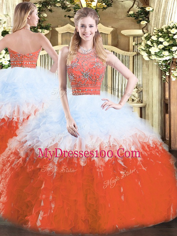 Ball Gowns 15 Quinceanera Dress Multi-color Halter Top Tulle Sleeveless Floor Length Zipper