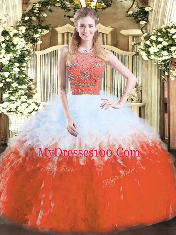Ball Gowns 15 Quinceanera Dress Multi-color Halter Top Tulle Sleeveless Floor Length Zipper