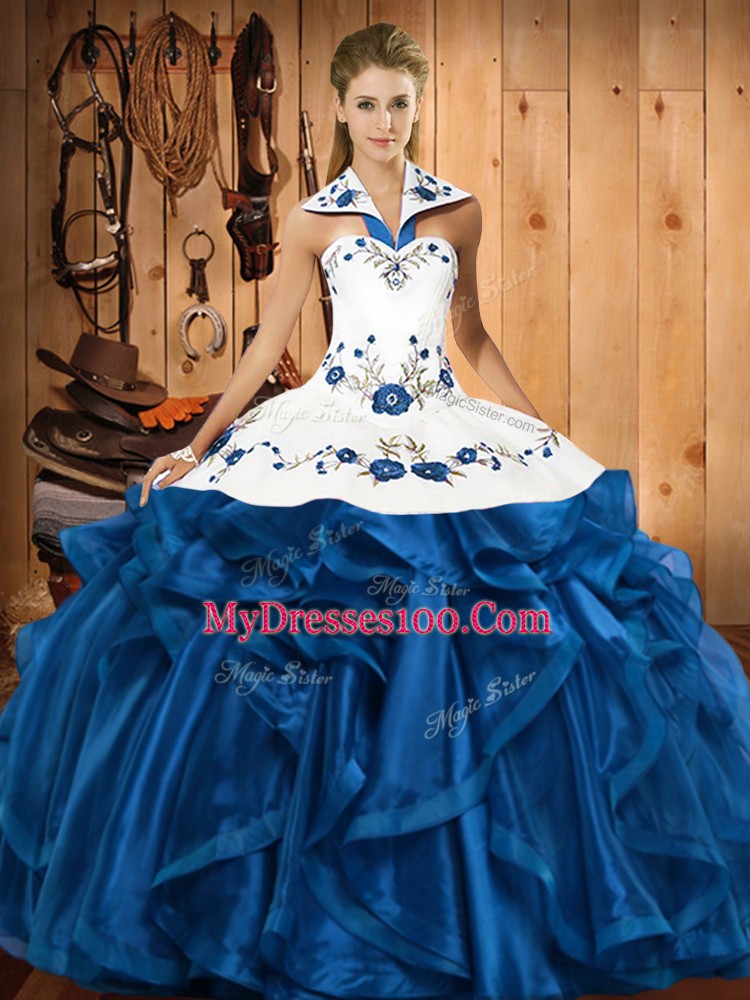 Beauteous Sleeveless Satin and Organza Floor Length Lace Up 15 Quinceanera Dress in Blue with Embroidery and Ruffles