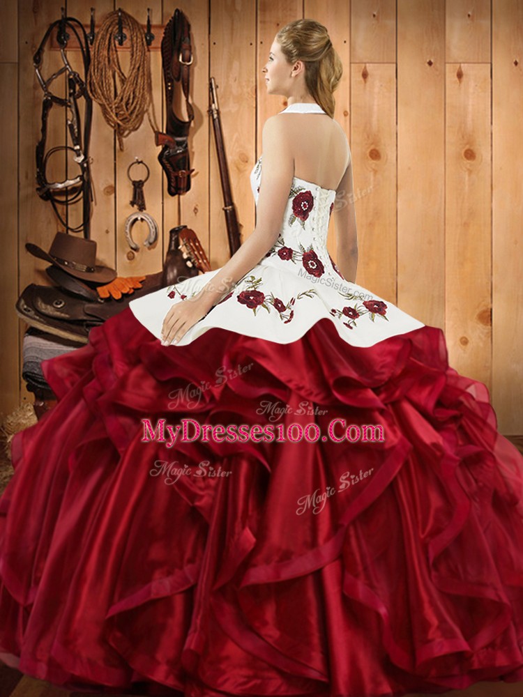 Beauteous Sleeveless Satin and Organza Floor Length Lace Up 15 Quinceanera Dress in Blue with Embroidery and Ruffles