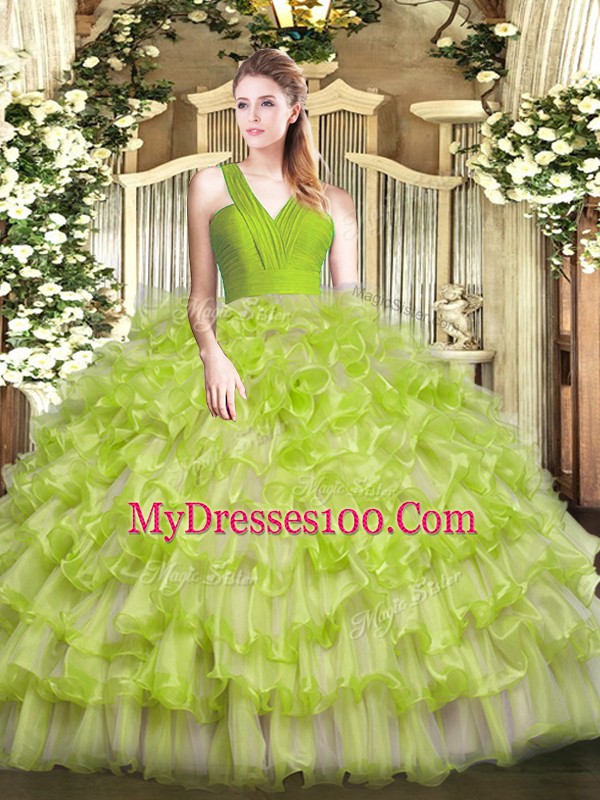 Best Selling Ruffled Layers Sweet 16 Dresses Yellow Green Zipper Sleeveless Floor Length