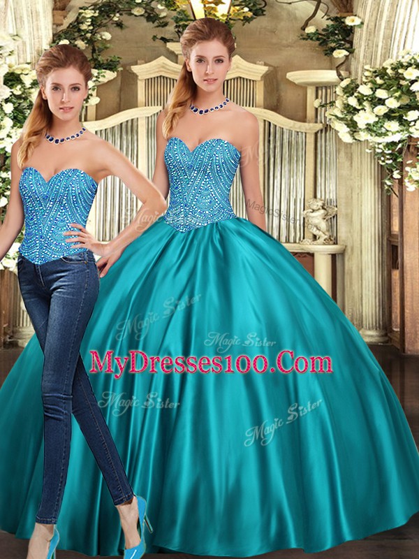 Fantastic Teal Tulle Lace Up Sweetheart Sleeveless Floor Length Quinceanera Dresses Beading