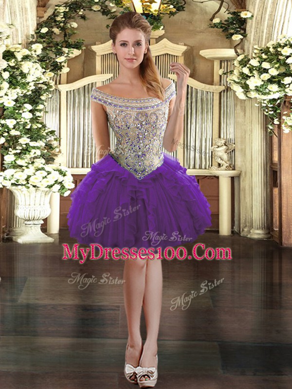 Fitting Off The Shoulder Sleeveless Tulle Juniors Party Dress Beading and Ruffles Zipper