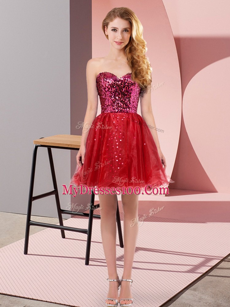 Romantic Wine Red A-line Tulle Sweetheart Sleeveless Sequins Mini Length Zipper Prom Party Dress