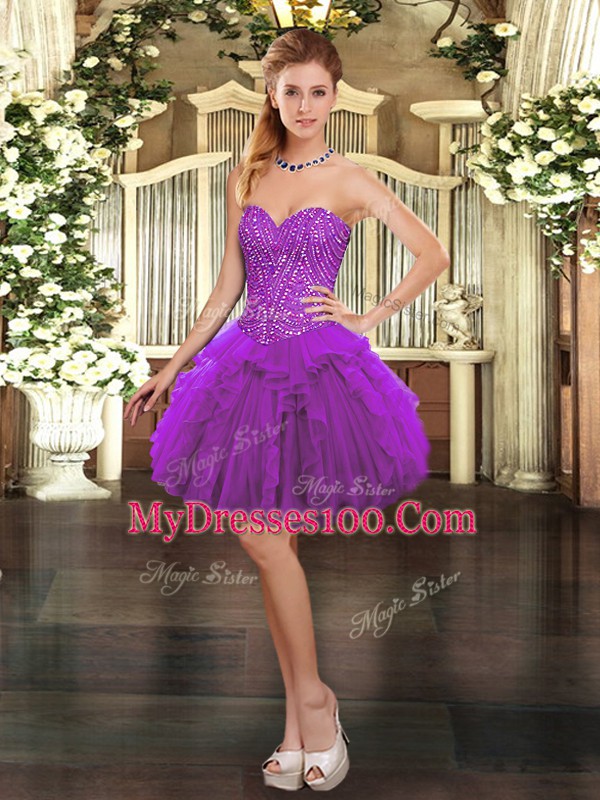 Low Price Mini Length Purple Homecoming Dresses Organza Sleeveless Beading and Ruffles