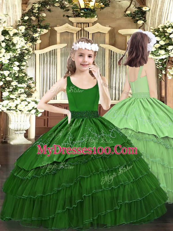 Sweet Scoop Sleeveless Little Girls Pageant Dress Wholesale Floor Length Beading and Embroidery and Ruffled Layers Dark Green Organza