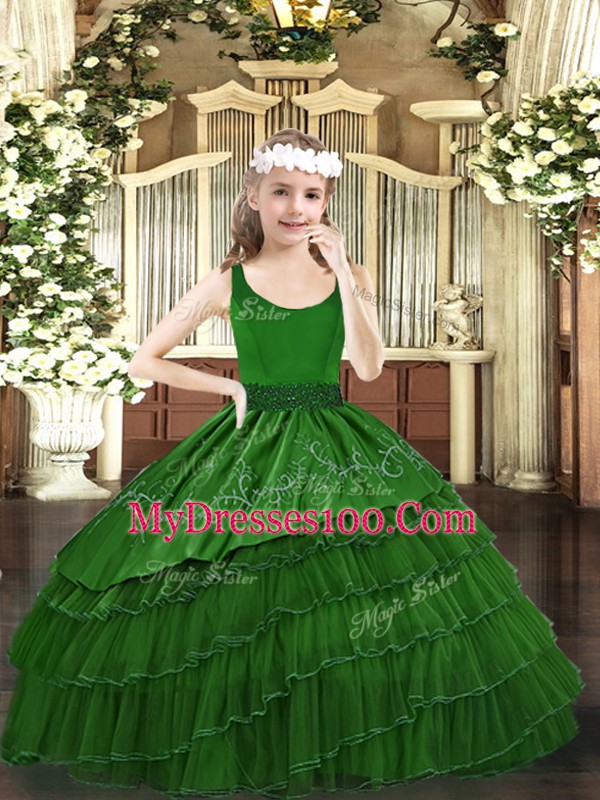 Sweet Scoop Sleeveless Little Girls Pageant Dress Wholesale Floor Length Beading and Embroidery and Ruffled Layers Dark Green Organza