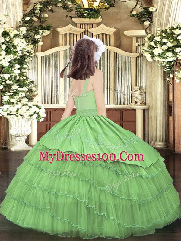 Sweet Scoop Sleeveless Little Girls Pageant Dress Wholesale Floor Length Beading and Embroidery and Ruffled Layers Dark Green Organza