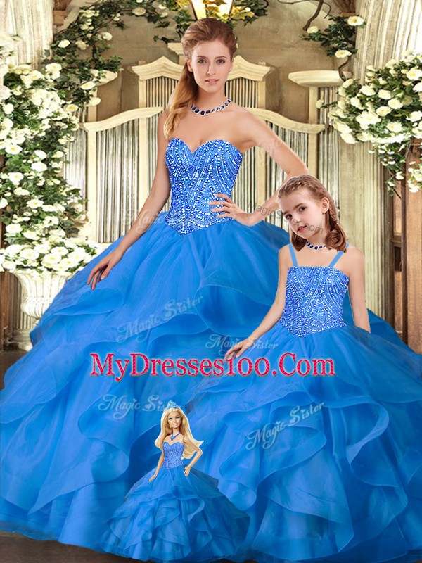 Charming Blue Sleeveless Beading and Ruffles Floor Length Quinceanera Dresses