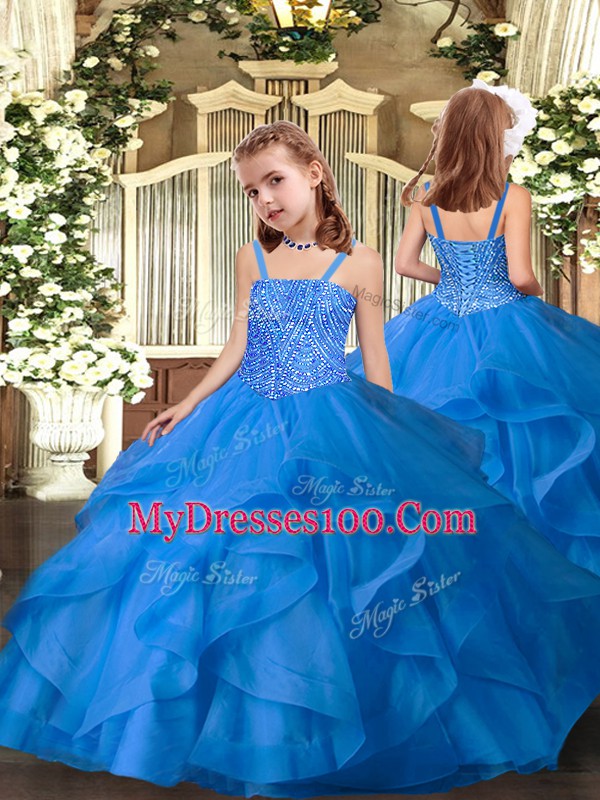 Charming Blue Sleeveless Beading and Ruffles Floor Length Quinceanera Dresses