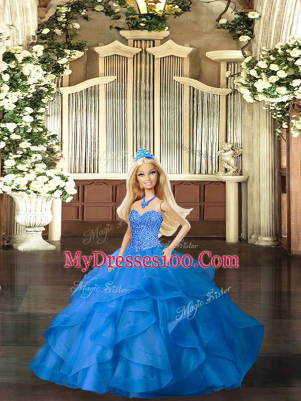 Charming Blue Sleeveless Beading and Ruffles Floor Length Quinceanera Dresses