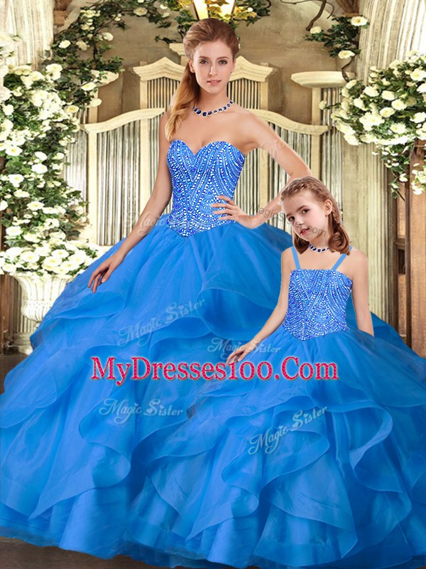 Charming Blue Sleeveless Beading and Ruffles Floor Length Quinceanera Dresses