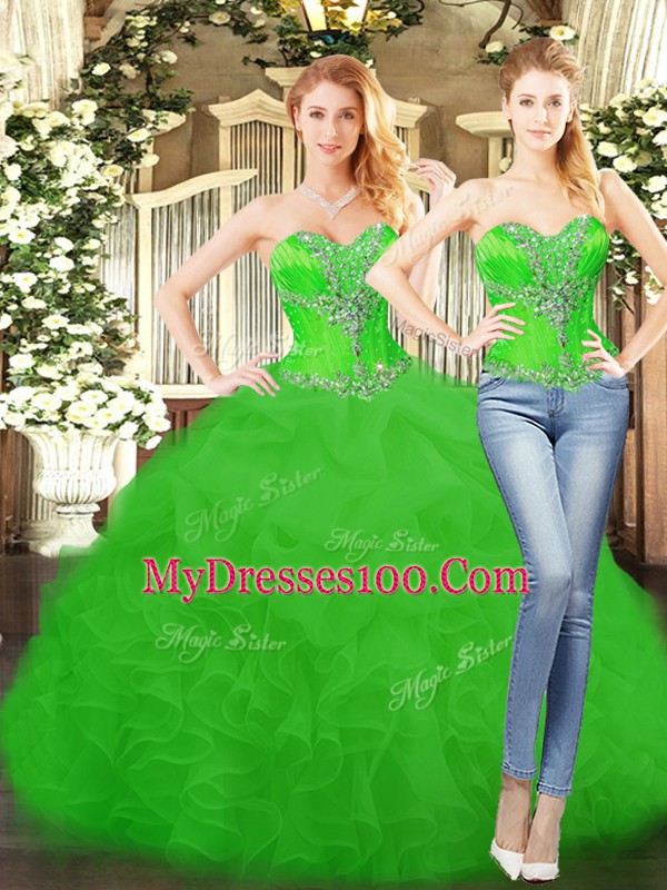 Floor Length Lace Up Quinceanera Gowns Green for Military Ball and Sweet 16 and Quinceanera with Beading and Ruffles