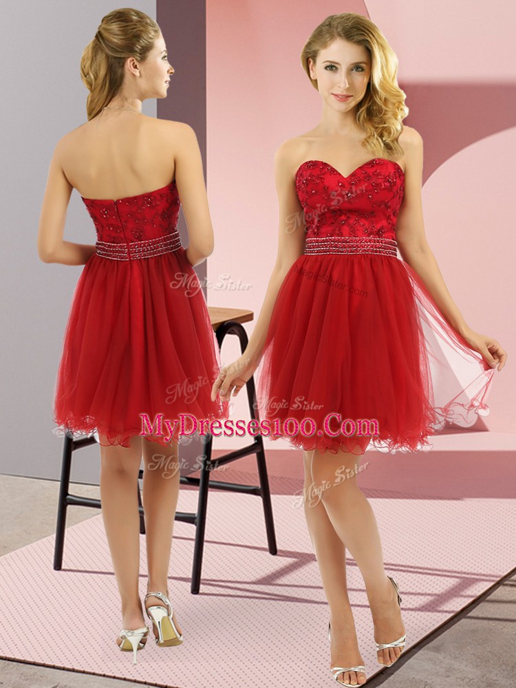 Sumptuous Wine Red Empire Sweetheart Sleeveless Tulle Mini Length Zipper Beading Prom Dress