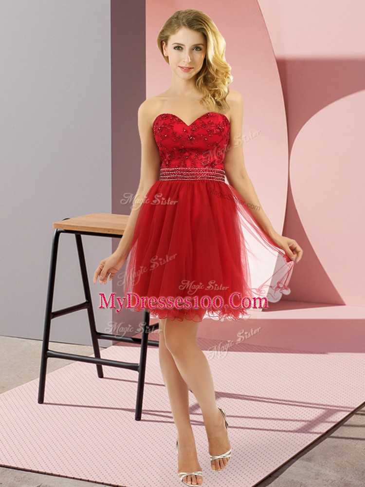 Sumptuous Wine Red Empire Sweetheart Sleeveless Tulle Mini Length Zipper Beading Prom Dress