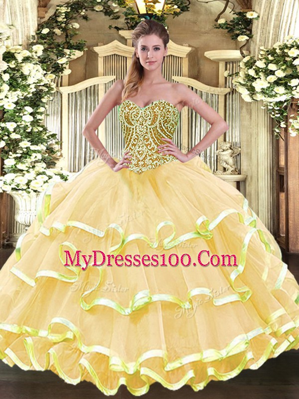 Sweetheart Sleeveless Lace Up Sweet 16 Quinceanera Dress Gold Organza