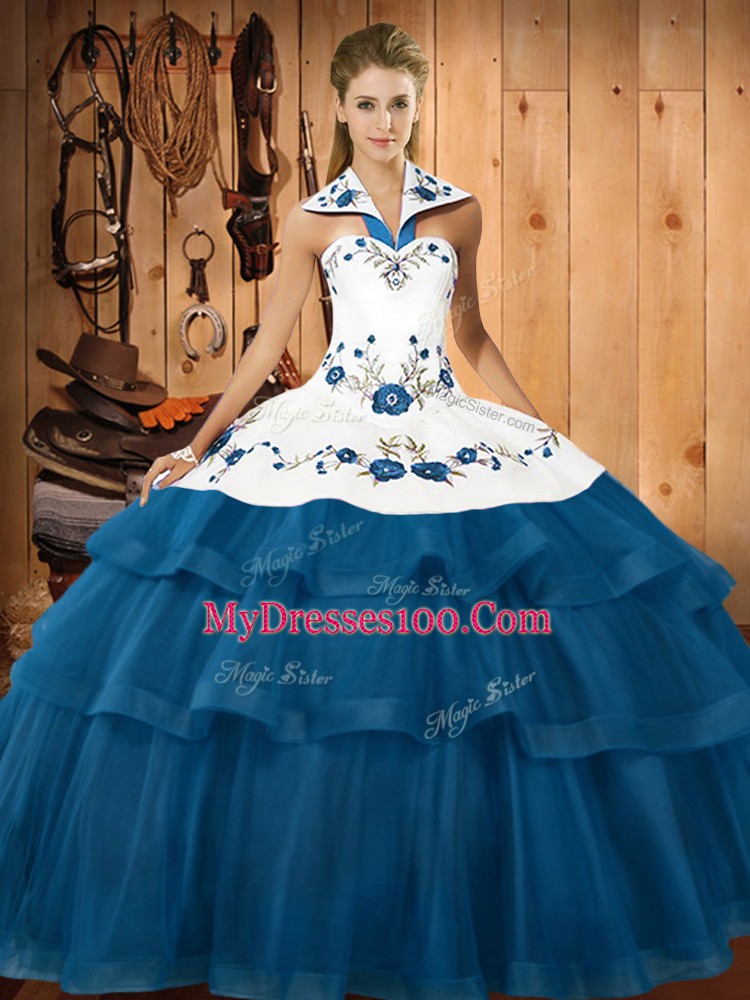 Blue Quinceanera Dresses Halter Top Sleeveless Sweep Train Lace Up