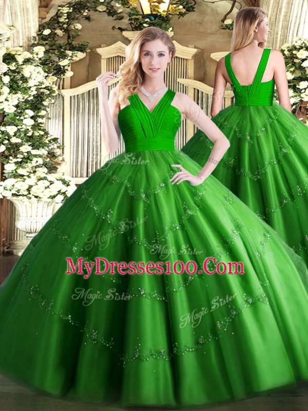 New Arrival Green V-neck Zipper Beading Sweet 16 Quinceanera Dress Sleeveless