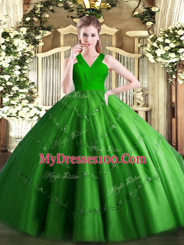 New Arrival Green V-neck Zipper Beading Sweet 16 Quinceanera Dress Sleeveless