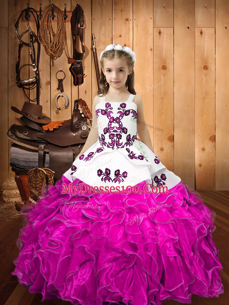 Cute Fuchsia Organza Lace Up Winning Pageant Gowns Sleeveless Floor Length Embroidery and Ruffles