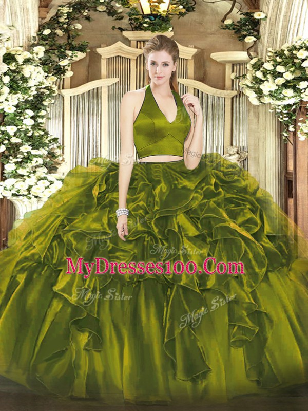 Great Floor Length Zipper Sweet 16 Dresses Olive Green for Military Ball and Sweet 16 and Quinceanera with Ruffles