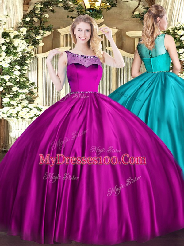Top Selling Fuchsia Satin Zipper Quince Ball Gowns Sleeveless Floor Length Beading