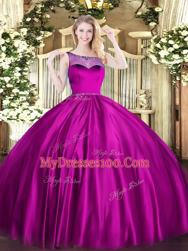 Top Selling Fuchsia Satin Zipper Quince Ball Gowns Sleeveless Floor Length Beading