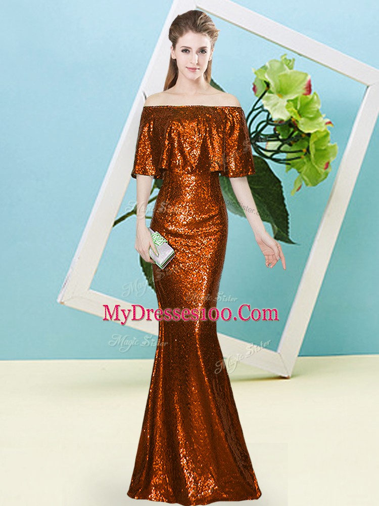 Elegant Rust Red Off The Shoulder Neckline Sequins Prom Party Dress Half Sleeves Zipper