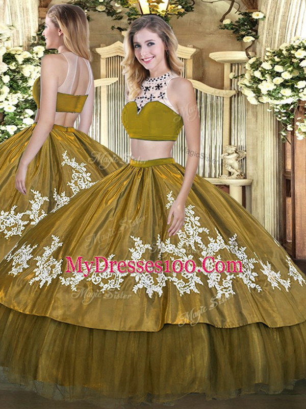 Chic Ball Gowns Sweet 16 Dress Olive Green High-neck Tulle Sleeveless Floor Length Backless