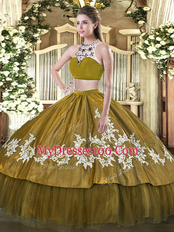 Chic Ball Gowns Sweet 16 Dress Olive Green High-neck Tulle Sleeveless Floor Length Backless