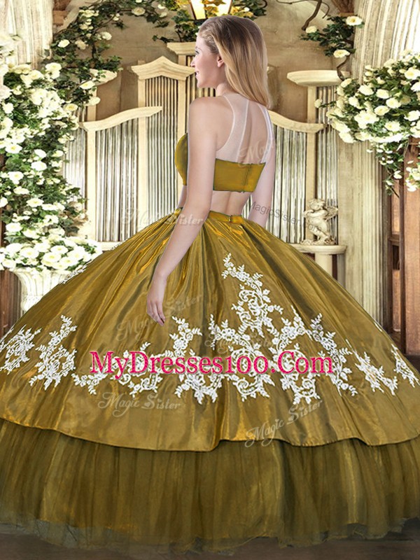 Chic Ball Gowns Sweet 16 Dress Olive Green High-neck Tulle Sleeveless Floor Length Backless