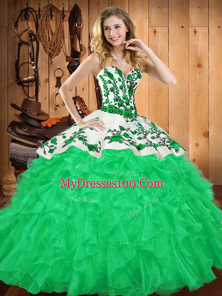 Green Ball Gowns Satin and Organza Sweetheart Sleeveless Embroidery and Ruffles Floor Length Lace Up Quinceanera Dresses